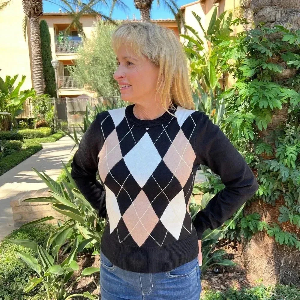 Argyle Pattern Crewneck Sweater Long Sleeve Black Multicolor Stretchy Material